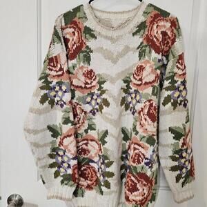 Vintage Cream Floral Chunky Hand Knit All Over Pattern Sweater Cottage Core M